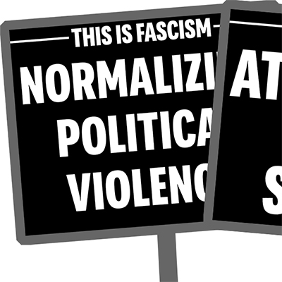 Two protest signs that say Signs of Fascism
