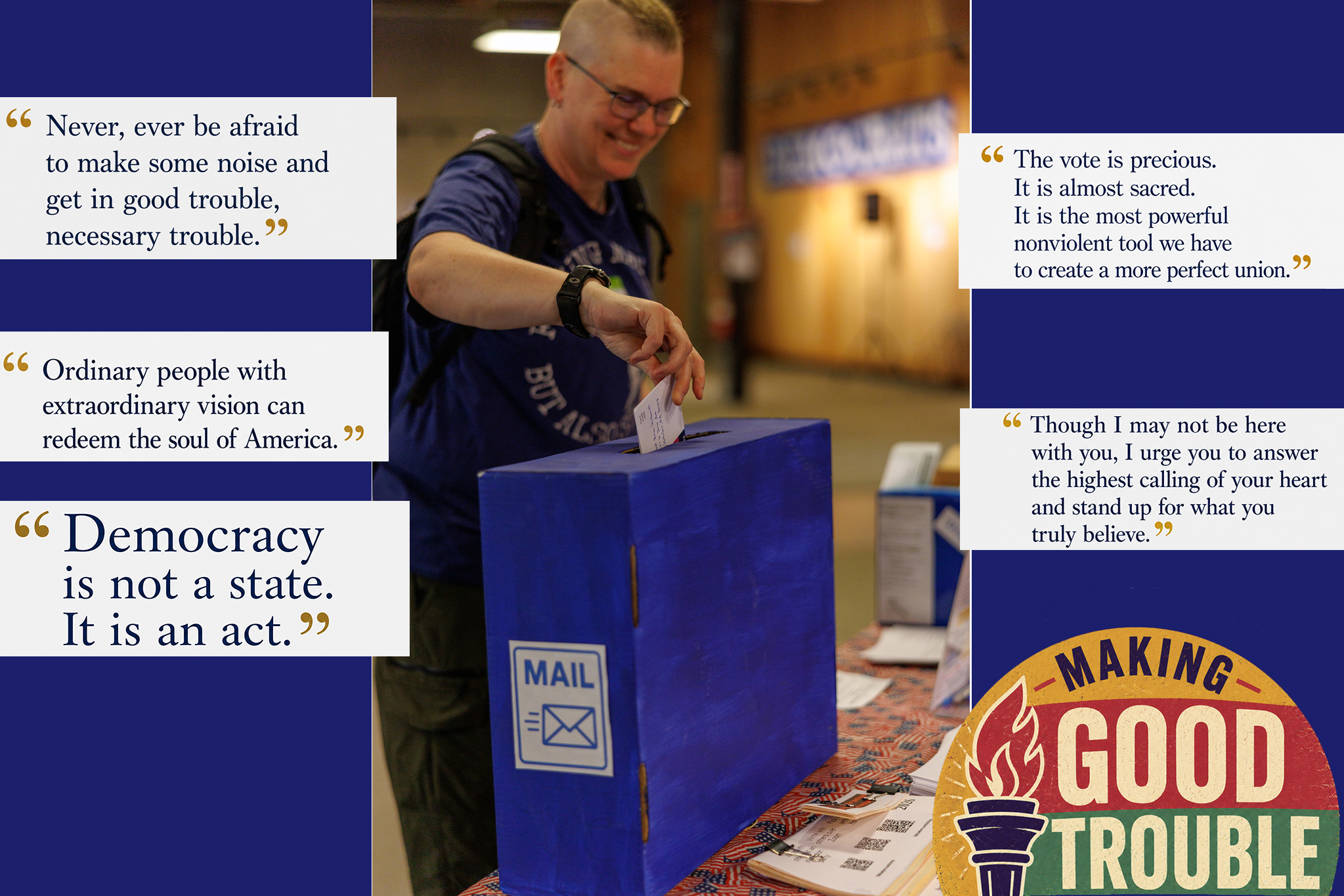 A participant placing a completed postcard in a blue mail box