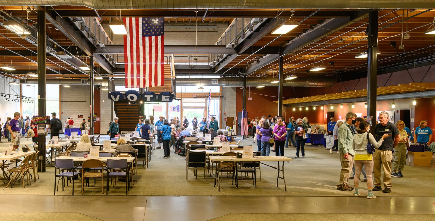 A wide view of the Good Trouble Lives On gathering at the Democratic Volunteer Center in Mountain View