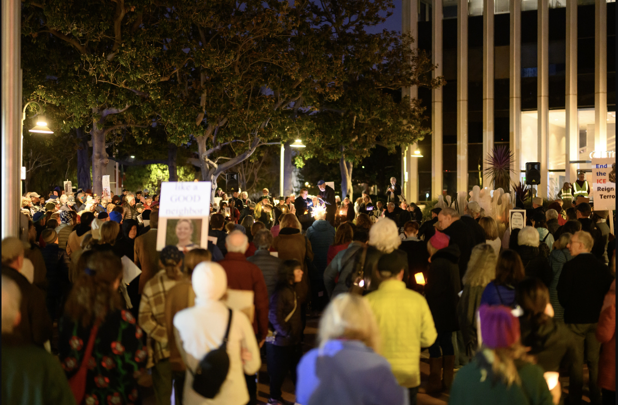 Candlelight vigil outside Palo Alto City Hall as speakers call for justice and accountability