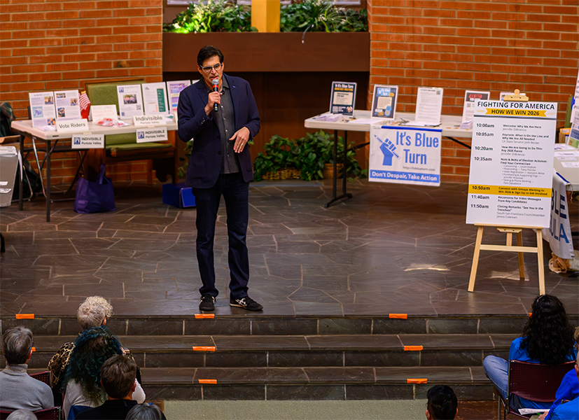 State Senator Josh Becker addressing the crowd at Fighting for America: How We Win 2026 event