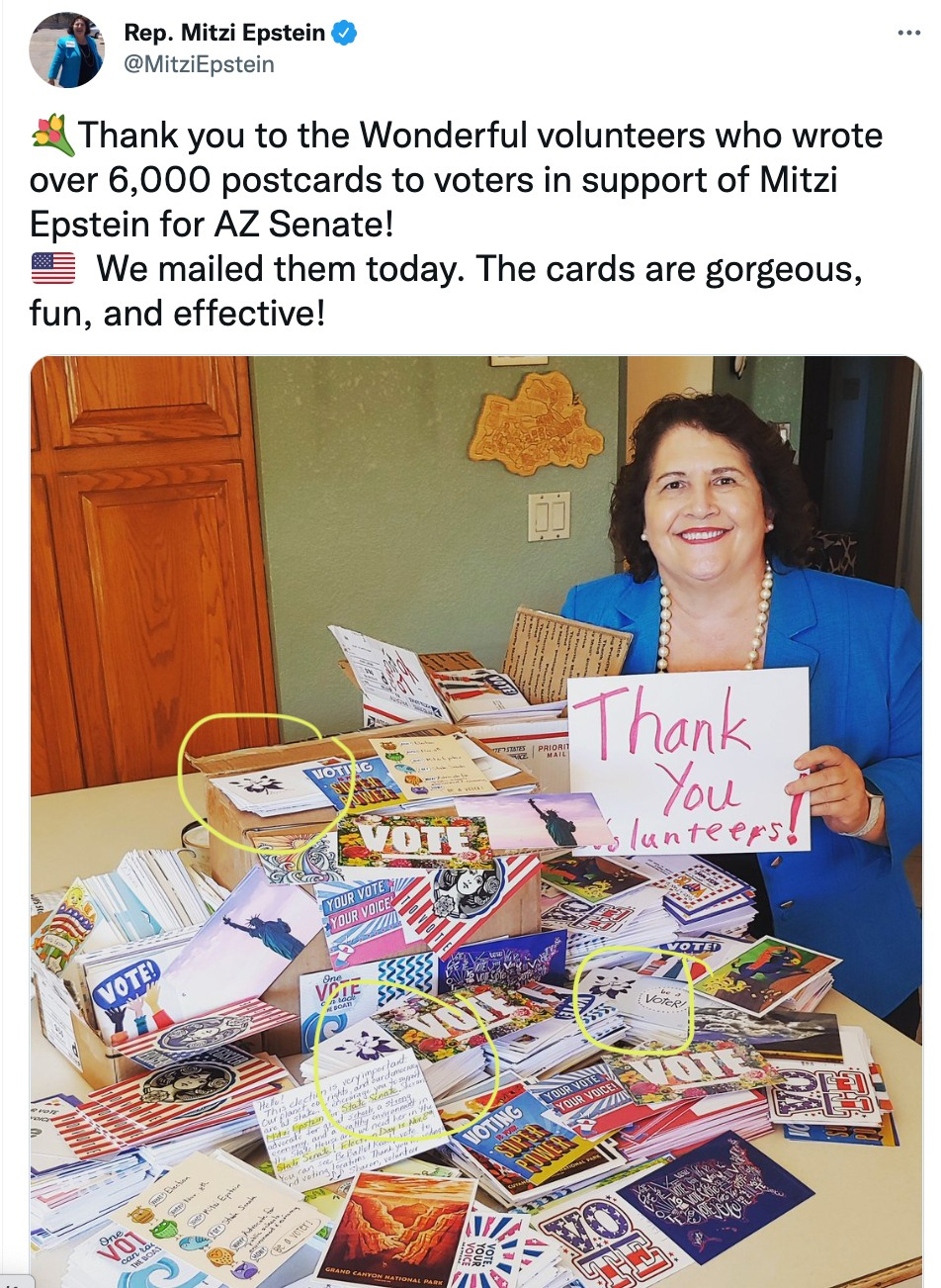 Candidate social media post with stacks of postcards